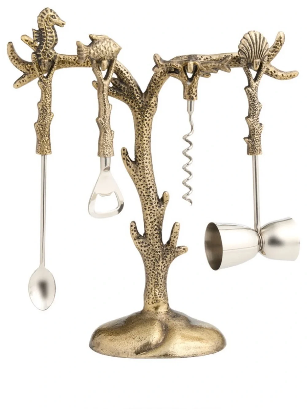 Brass Finish Nautical Bar Tool Set with Stand - Gold